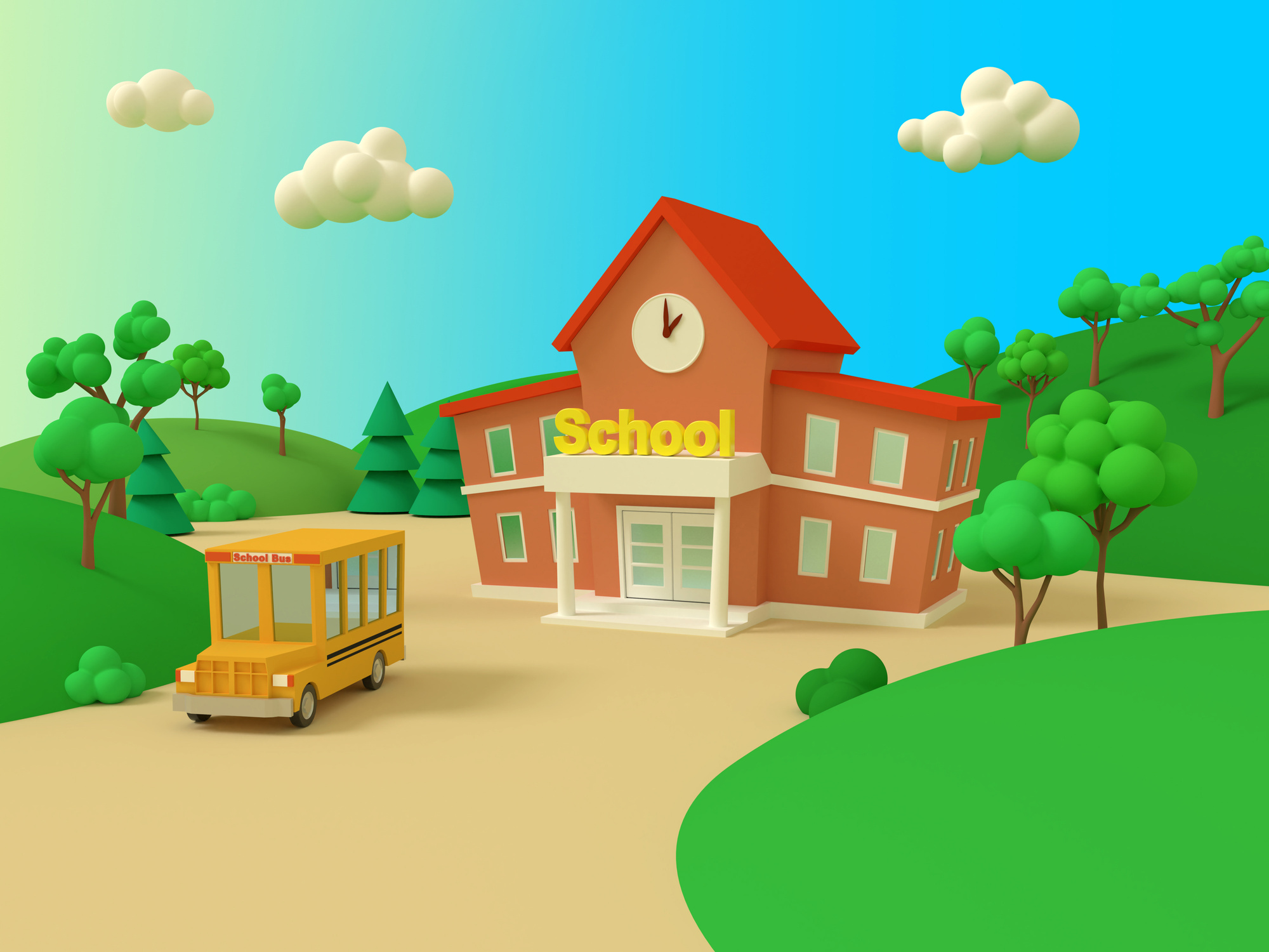 3D Render of School and School Bus 